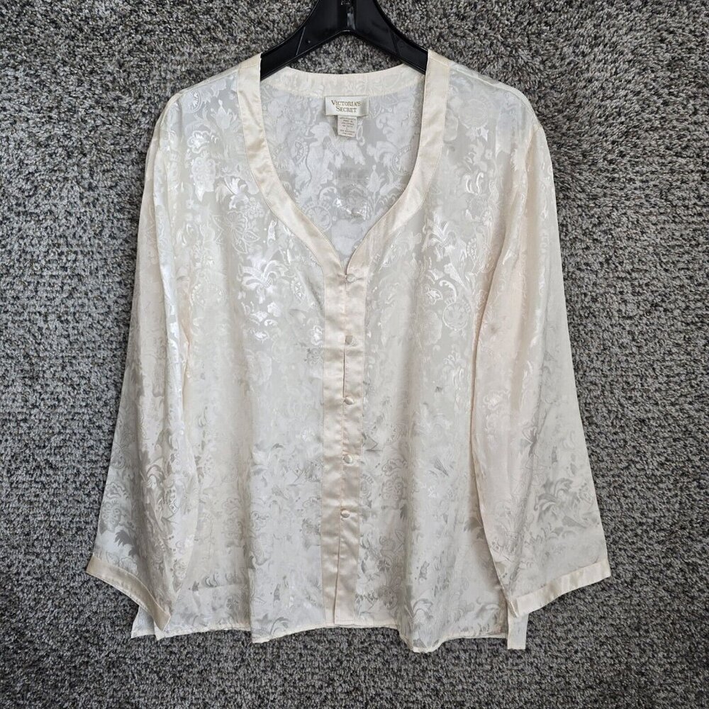 Vintage Victorias Secret‎ Pajama Top Womens Large Cream Button Up Polyester